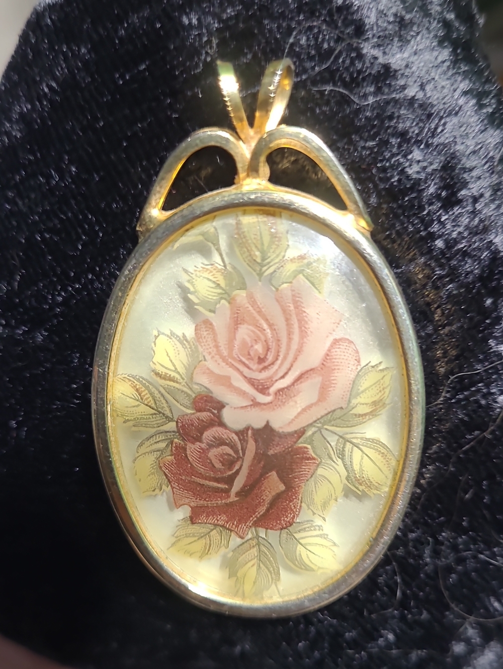 Gold-Tone Floral Rose Oval Pendant  - Pink & Red Floating Roses